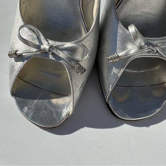 STUART Weitzman peep toe sling back silver high heels Sz 9.5 M - Picture 8 of 13